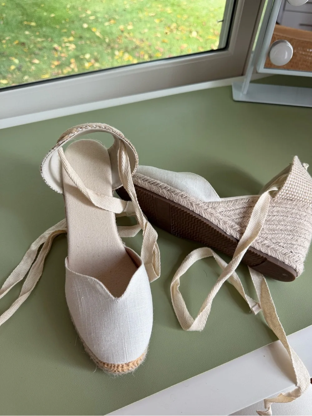 Classic Linen Espadrille Wedge Sandals - Cream